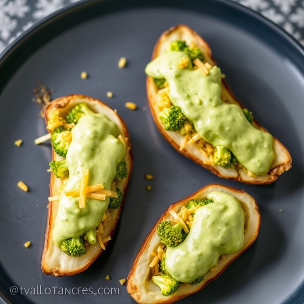 Brokkoli- og Cheddar-fylte potetskall med avokadokrem