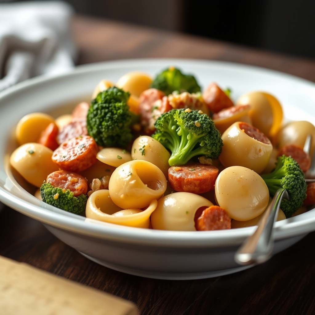 Brokkoli og pølse med pastaskjell