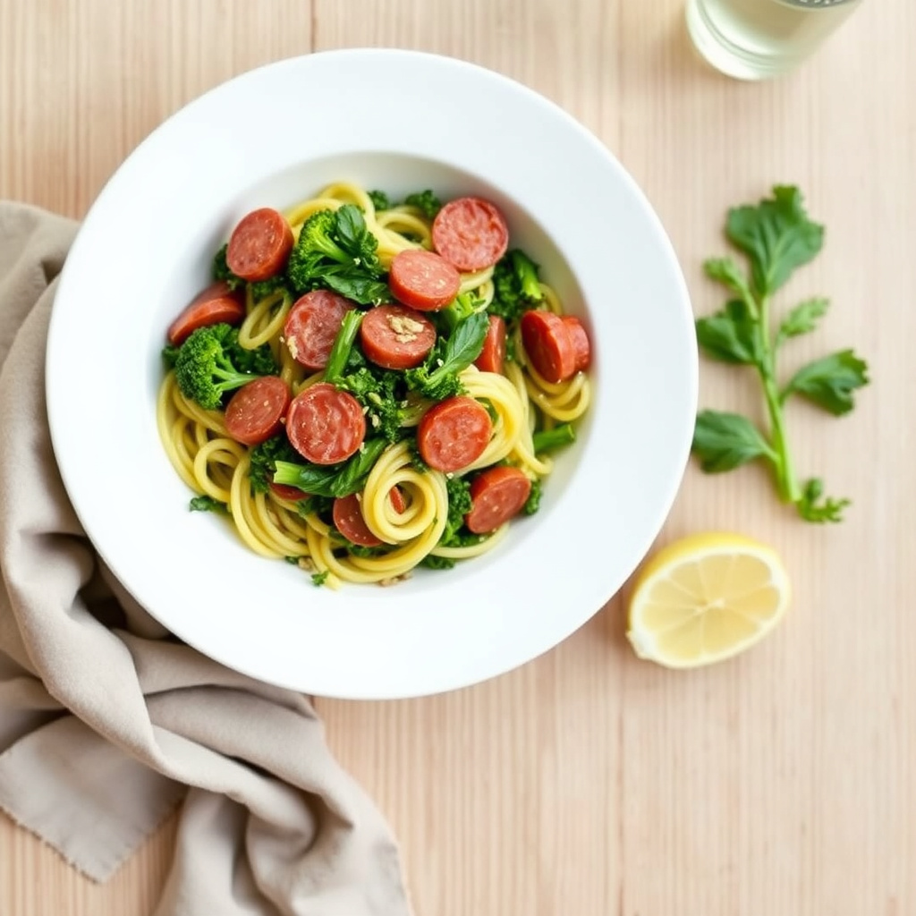 Pasta med brokkoli rabe og salami