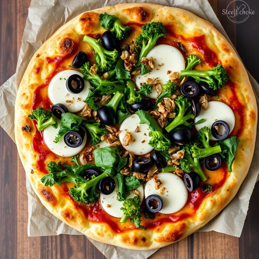 Brokkoli Rabe, svarte oliven og røkt mozzarella-pizza