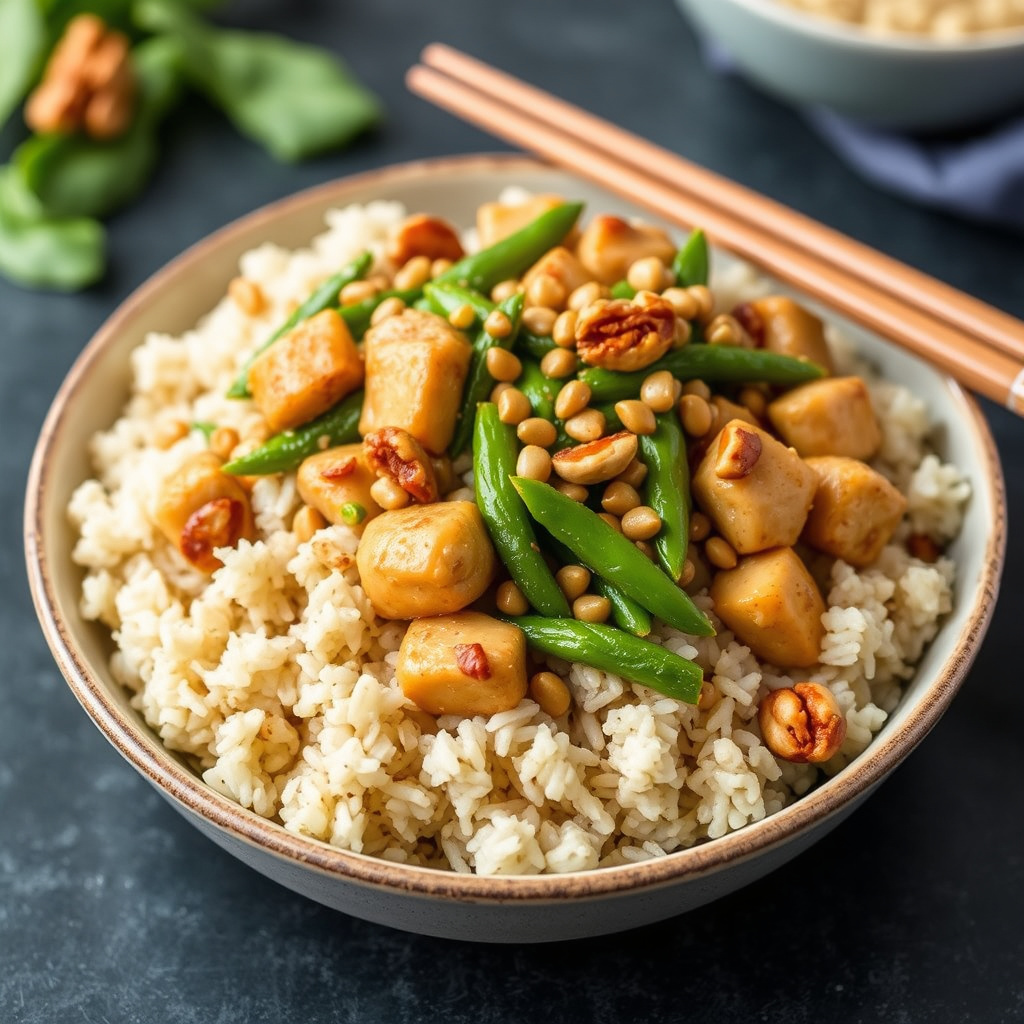 Brun ris og kyllingwok med edamame og valnøtter