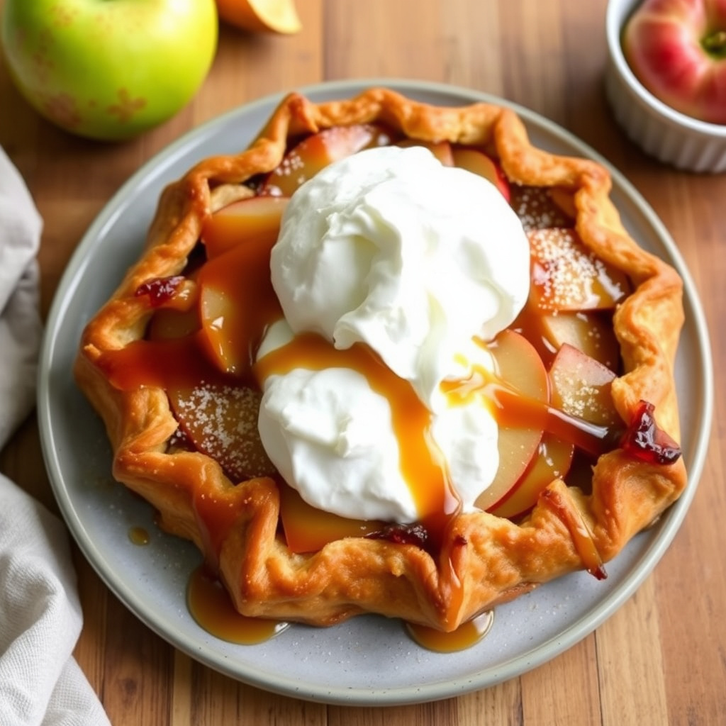 Brunet smør- og eplecrostata med karamellsaus av eplecider