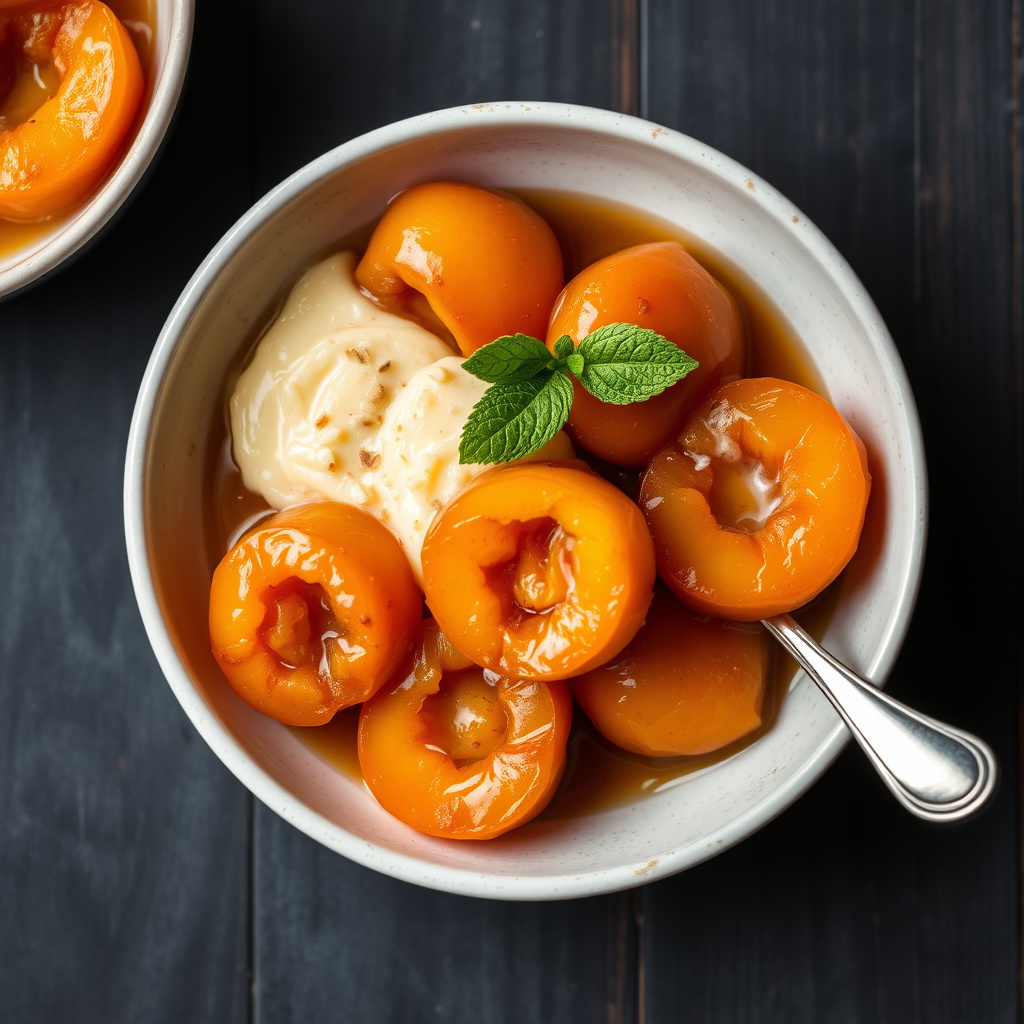 Brunt sukker-glaserte aprikoser med søt rispudding