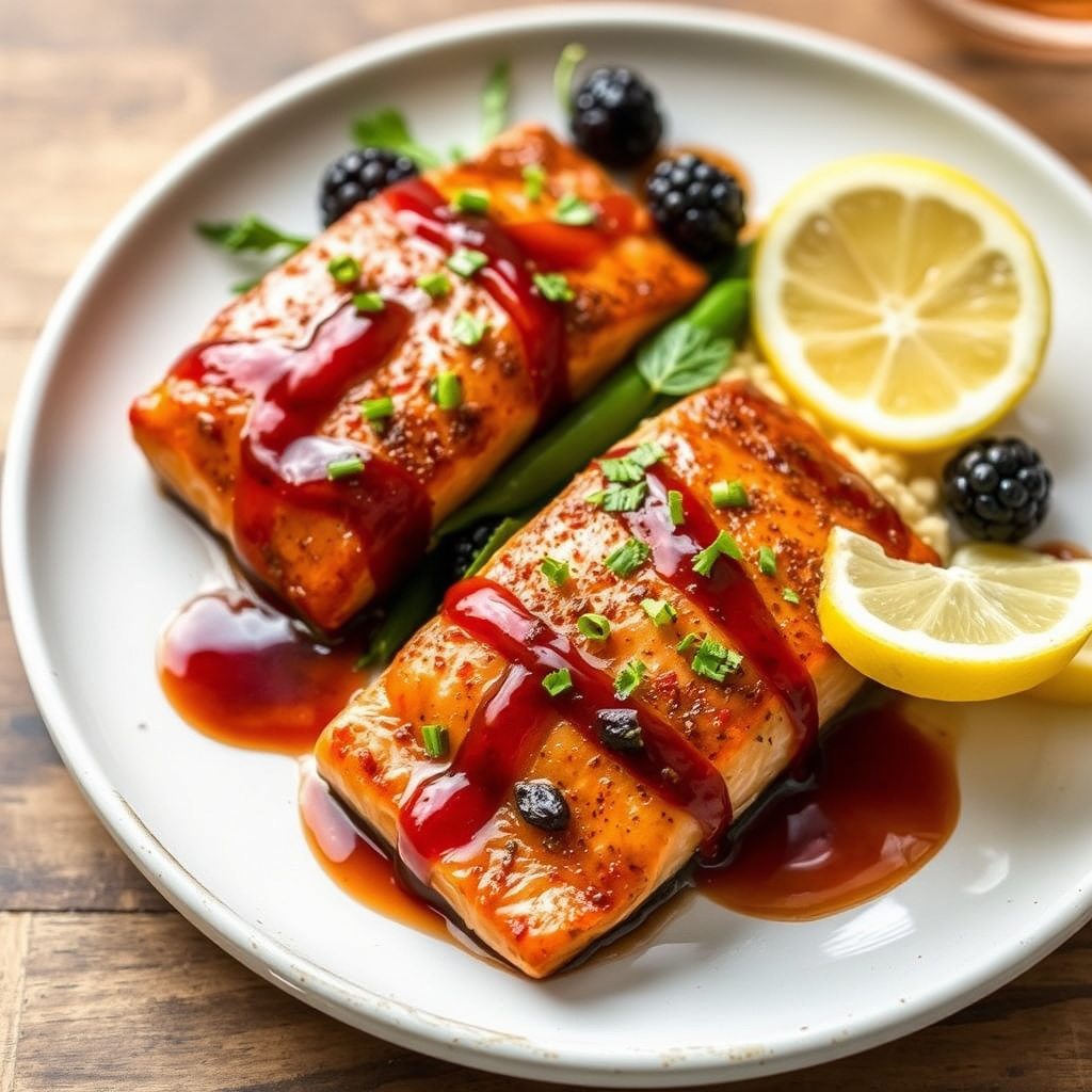 Brunt sukker- og chipotle-glasert laks med honning- og bærglasering