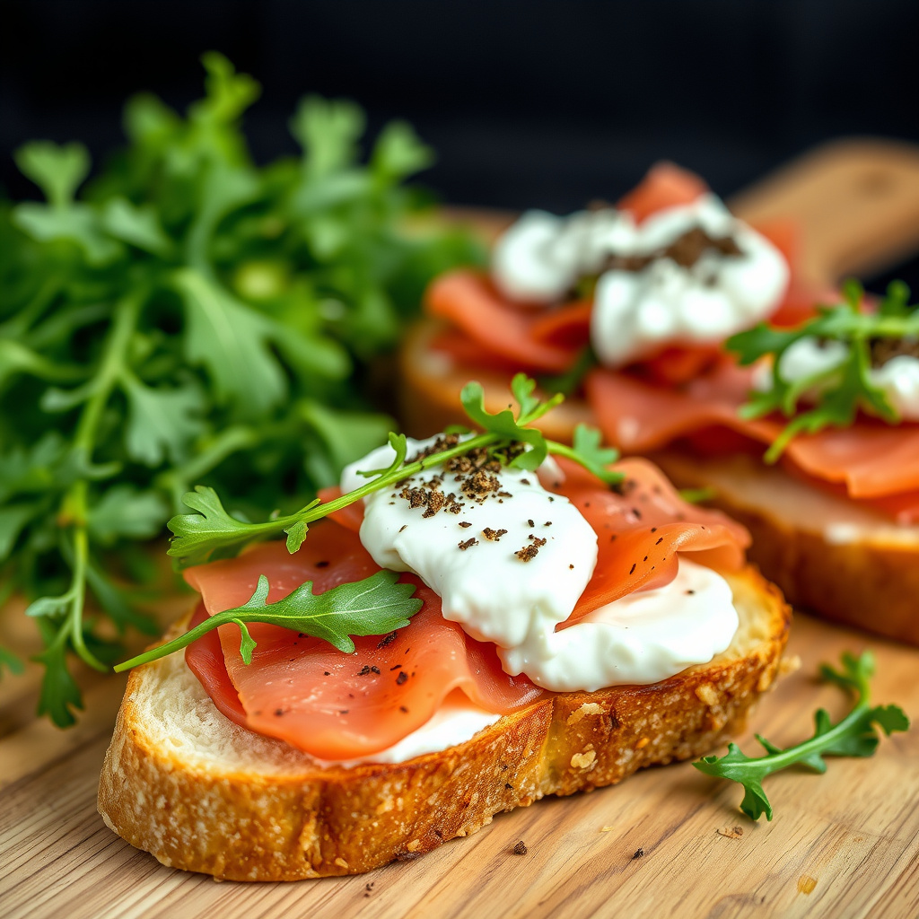 Bruschetta med prosciutto, ricotta og ruccola