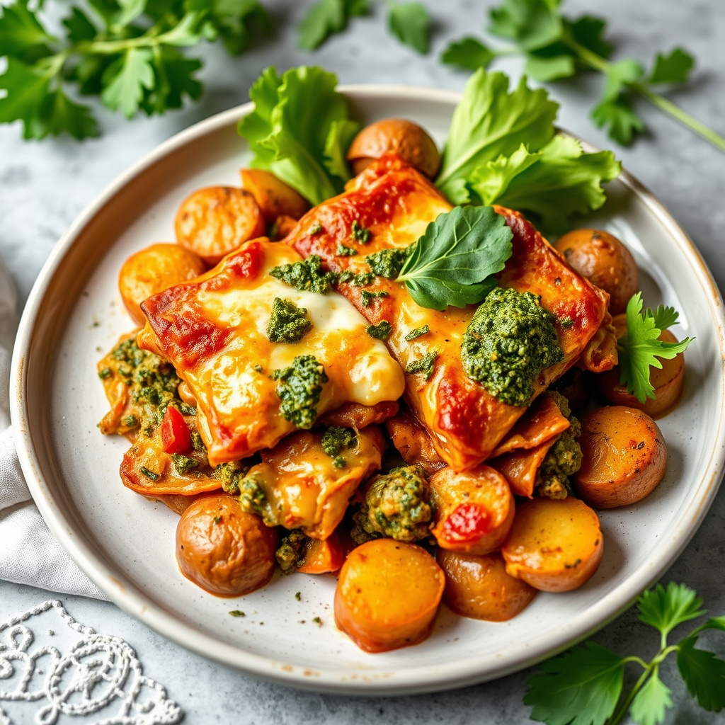 Brutt lasagne med persillepesto, salat og poteter