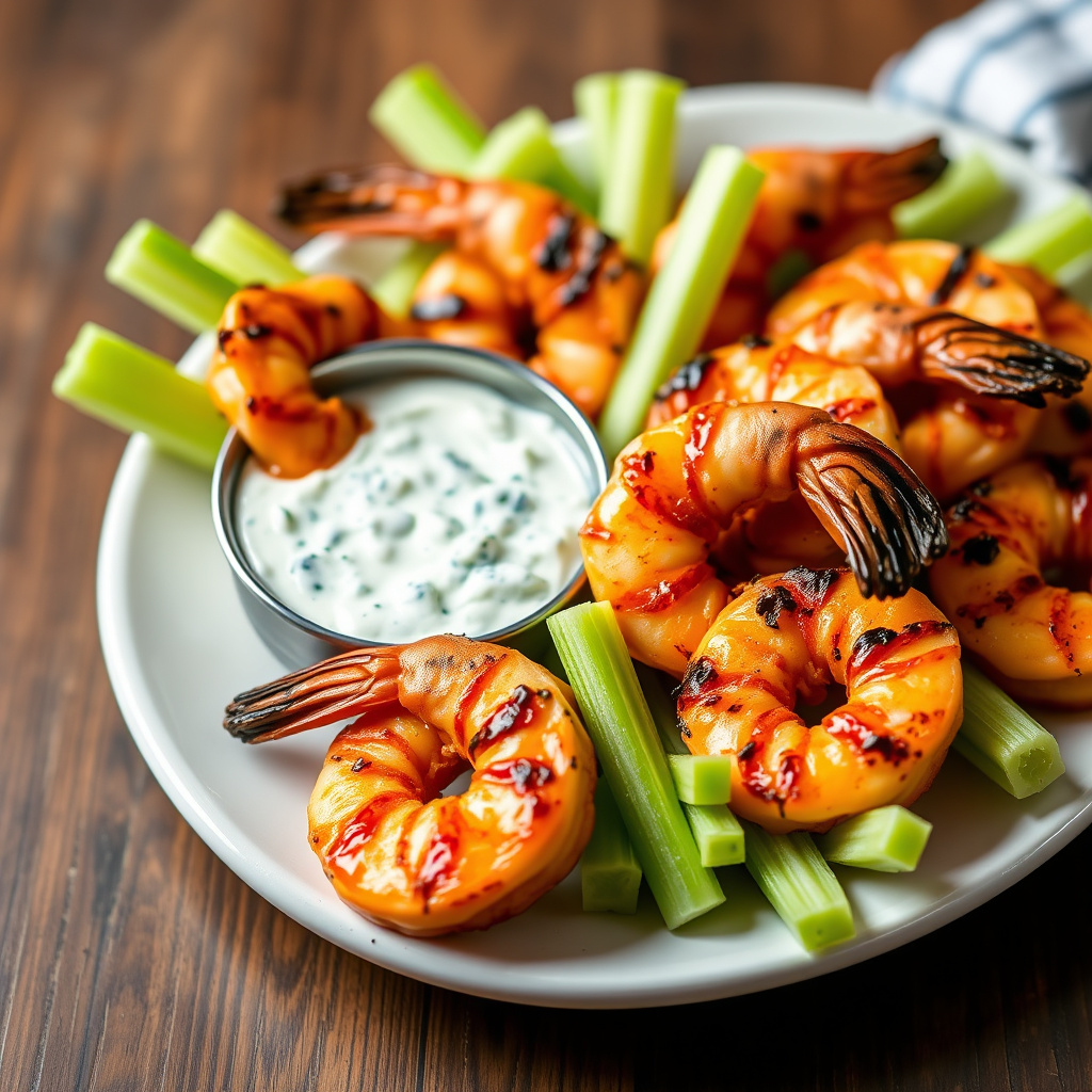 Buffalo-grillede reker med blåmuggostdip og selleri