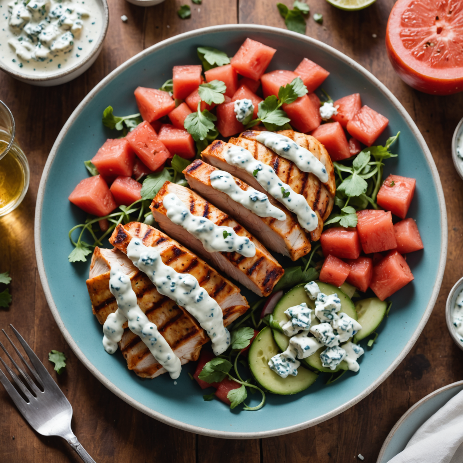 Buffalo-stil grillede franske kyllingbryst med blåmuggostsaus og jicama- og vannmelonsalat