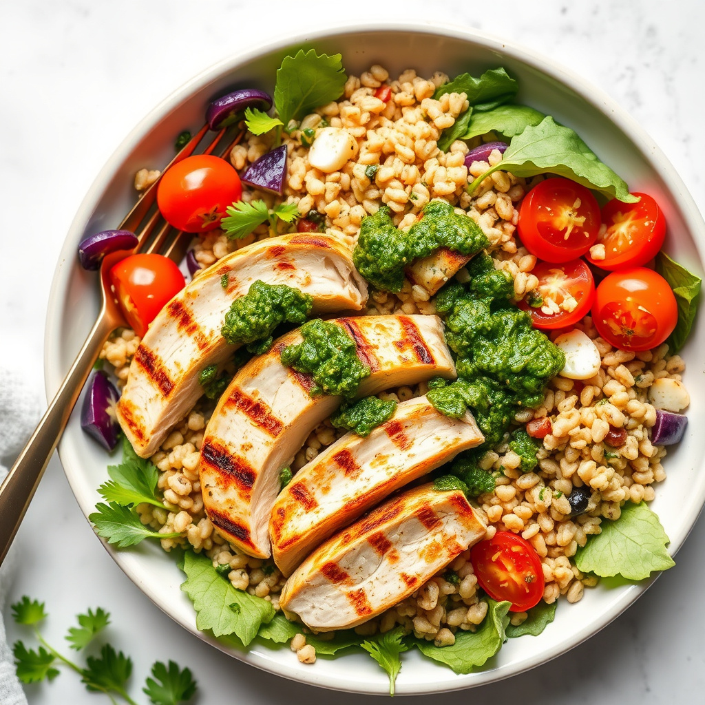 Bulgarsk salat med grillet kylling og persillepesto