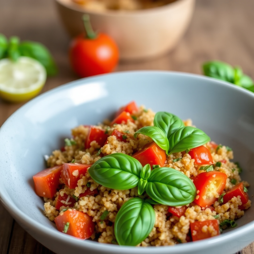 Bulgurpilaf med tomatinfusjonert smak og fersk basilikum