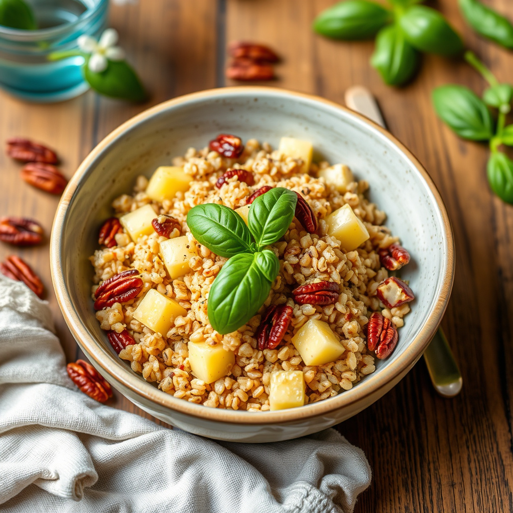 Bulgursalat med ananas, pekannøtter og basilikum