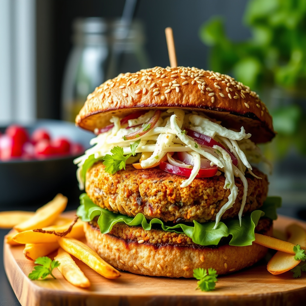 Burgere med sennepsfrø-krust og horseradish-slaw