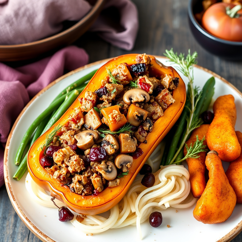 Butternut squash-vegducken med sopp- og tranebærfyll