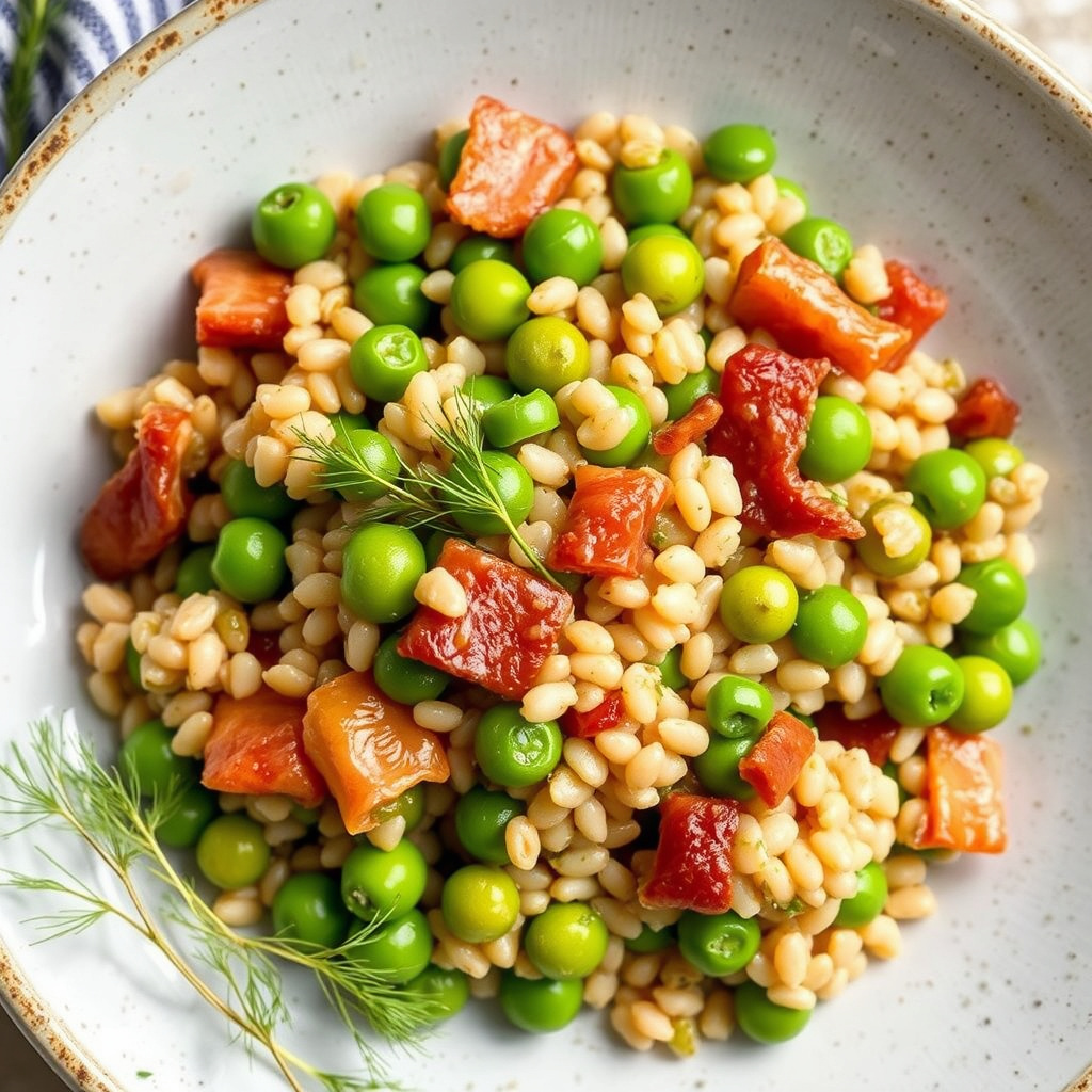 Byggotto med bacon, erter og dill