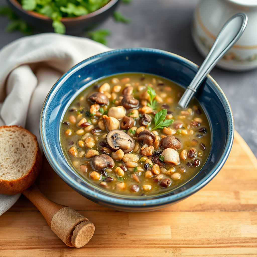 Byggryn-, linse- og soppsuppe