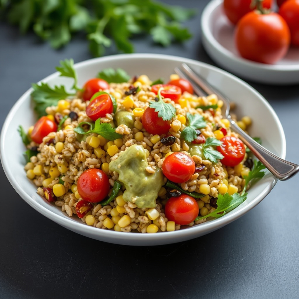 Byggryn, mais, ovnsbakt poblano og cherrytomatsalat med chilicilantro-dressing