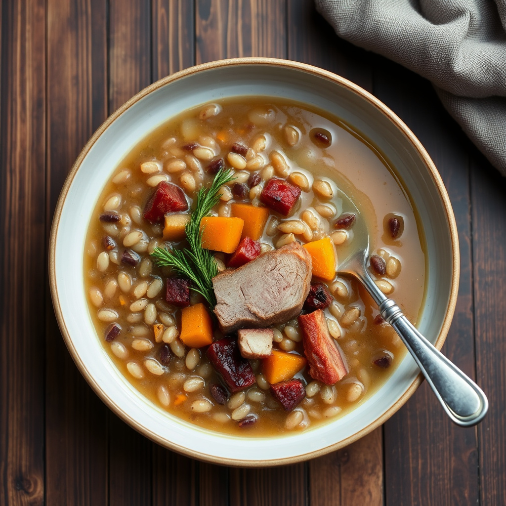 Byggrynssuppe med andeconfit og rotgrønnsaker