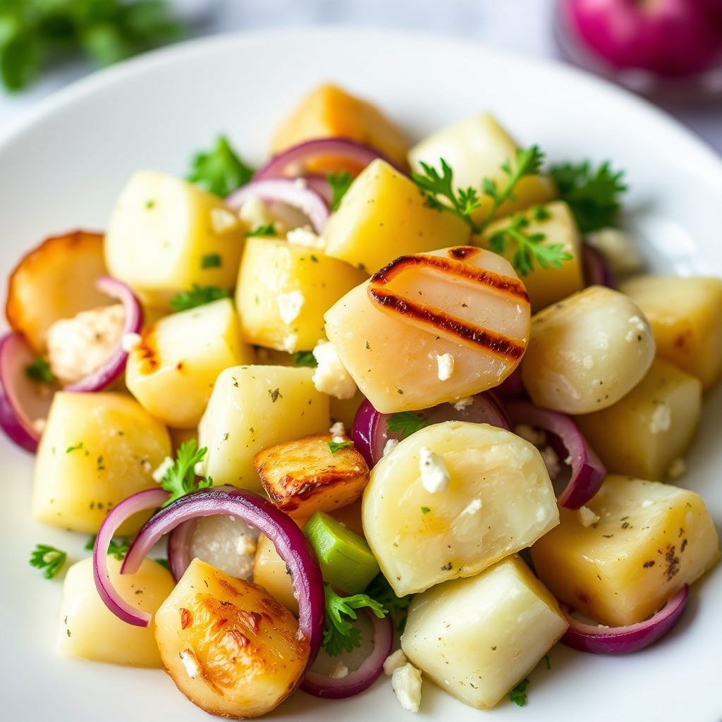 Caesarsalat med grillede rødløk og poteter