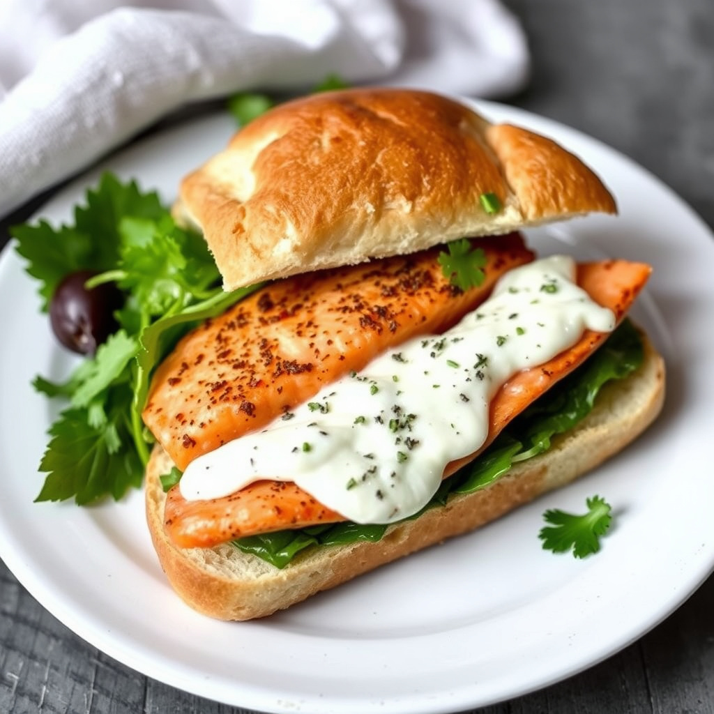 Cajunsandwich med laks, geitost og sitronmajones på ciabatta