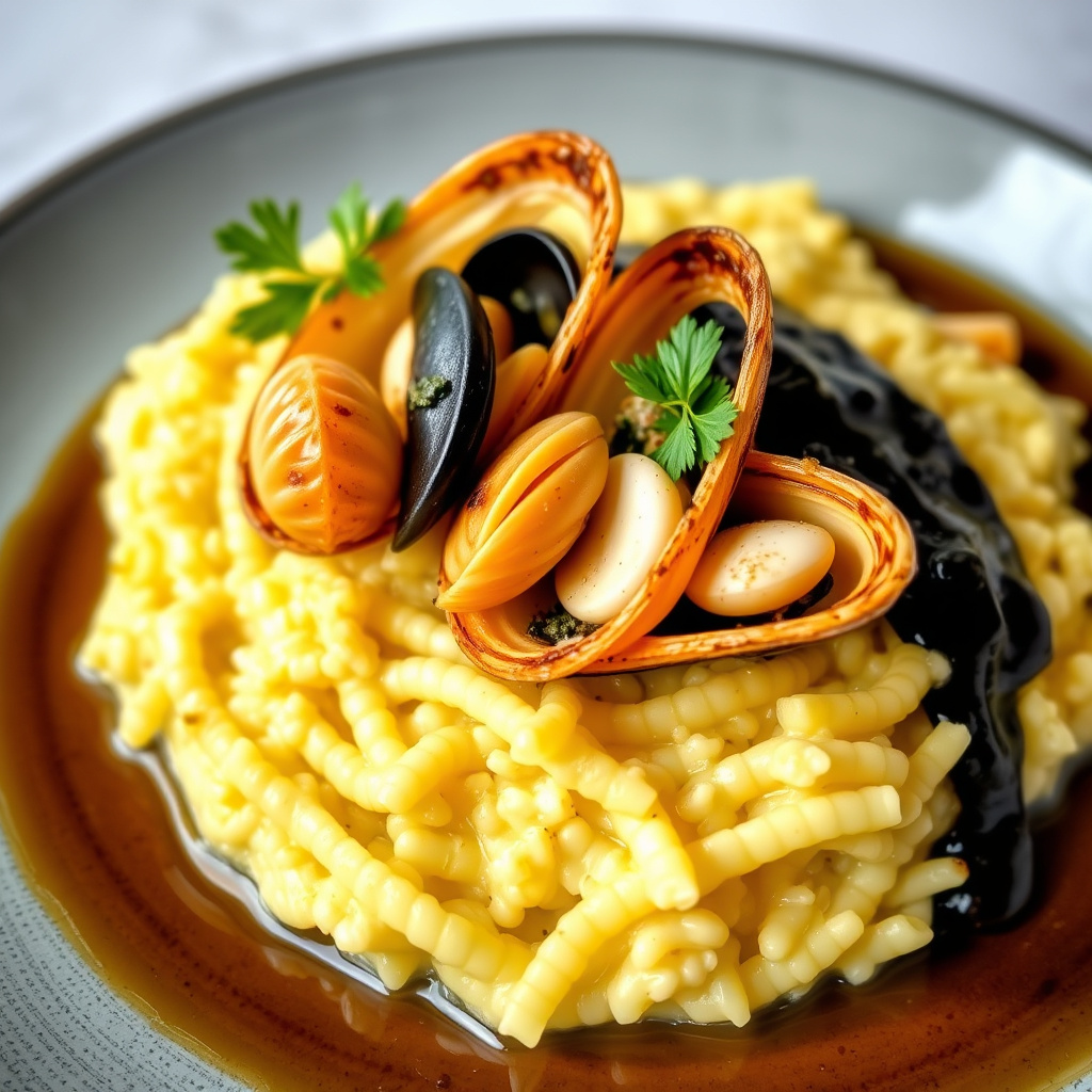 Calamari fylt med skalldyr, safranrisotto og blekksprutsaus