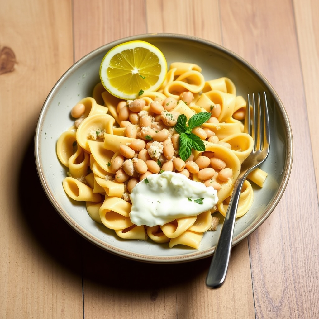 Campanelle med hvite bønner, sitron og burrata