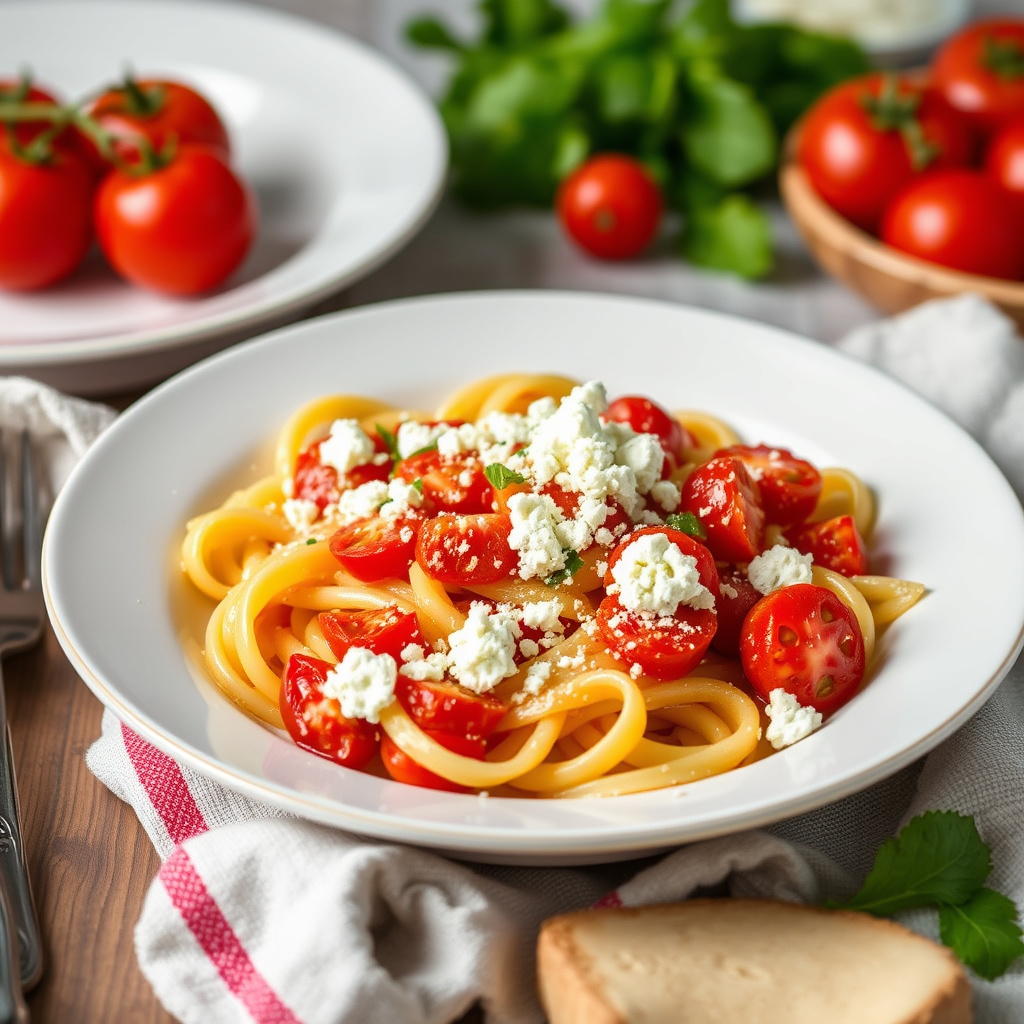 Campanelle med tomater og feta
