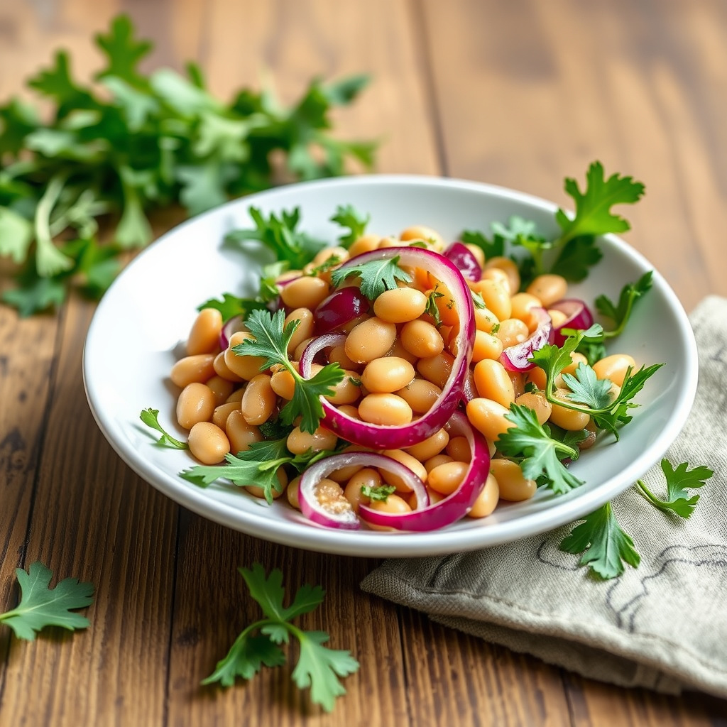 Cannellini-bønnesalat med rødløk og ruccola