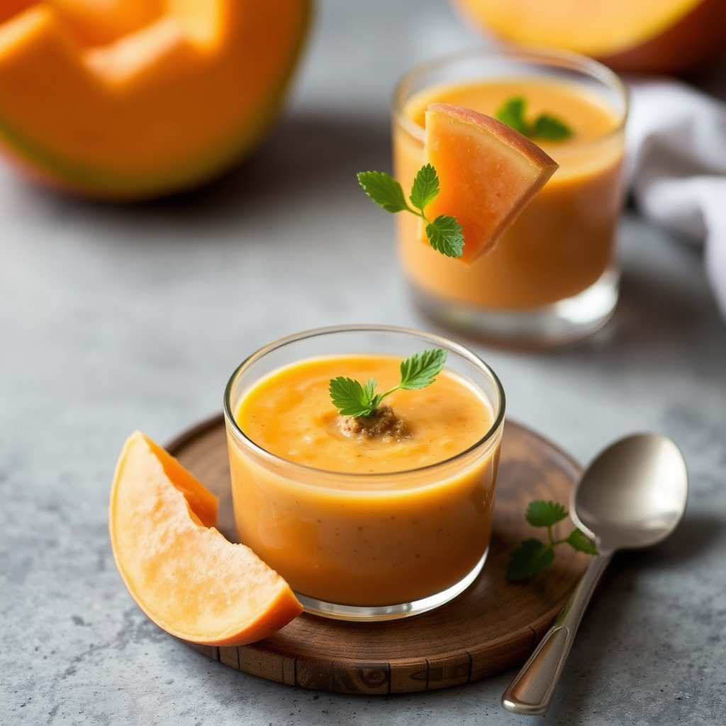 Cantaloupe-gazpacho shots med sprø skinke