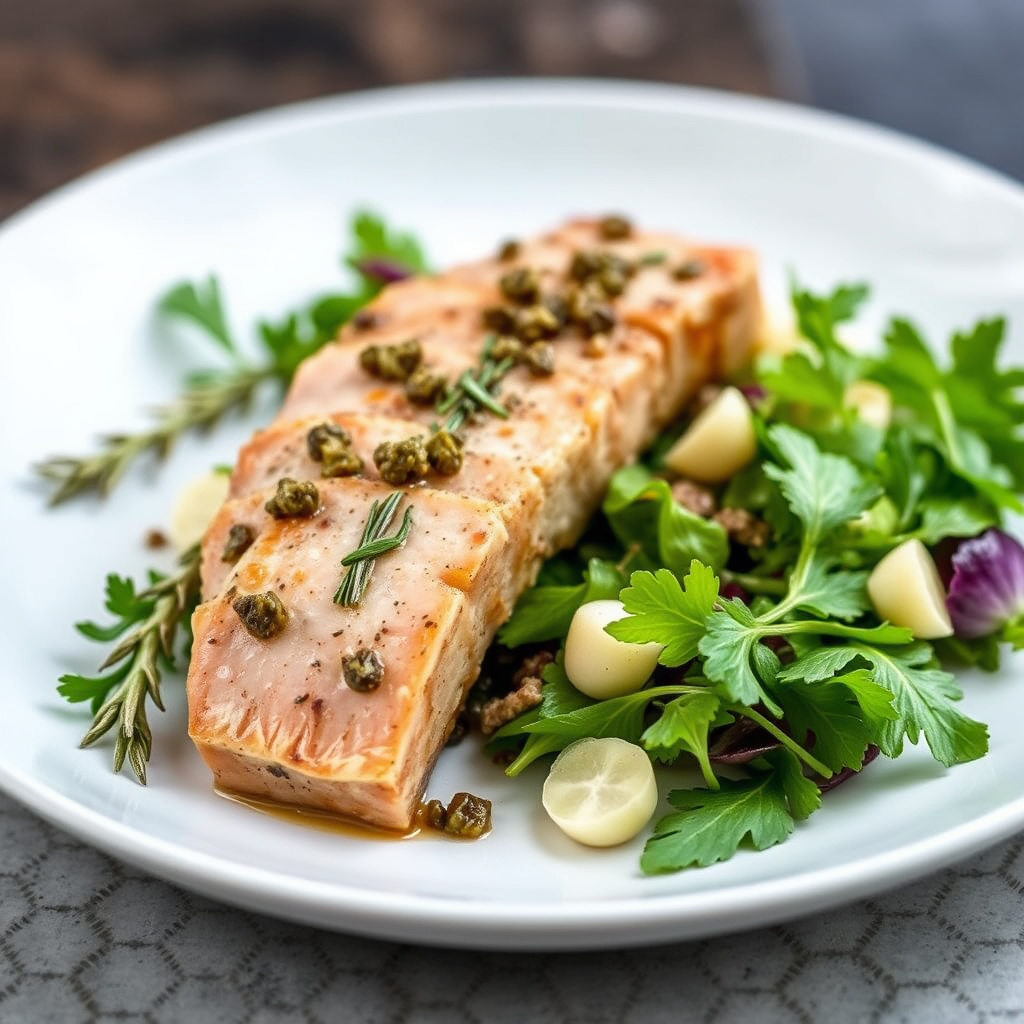 Caper-Rosemary tunfisk med urte-salat