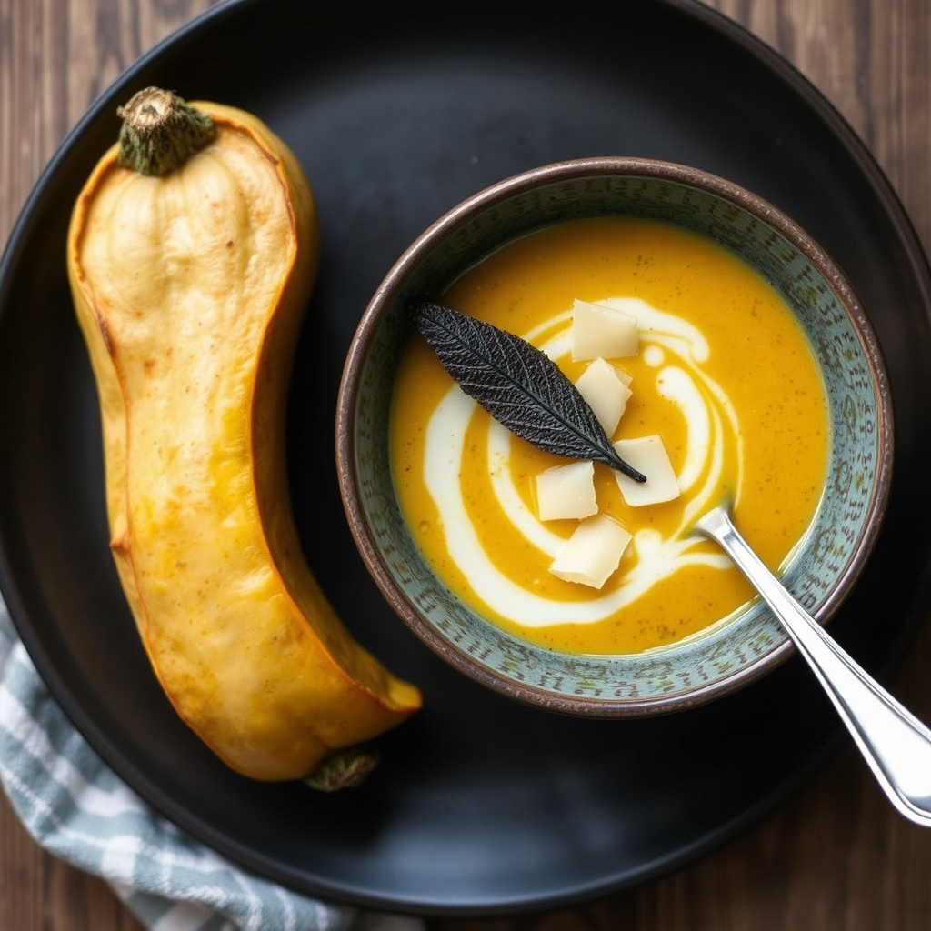 Carnivalsquashsuppe, med stekt salvie og shavet parmesan