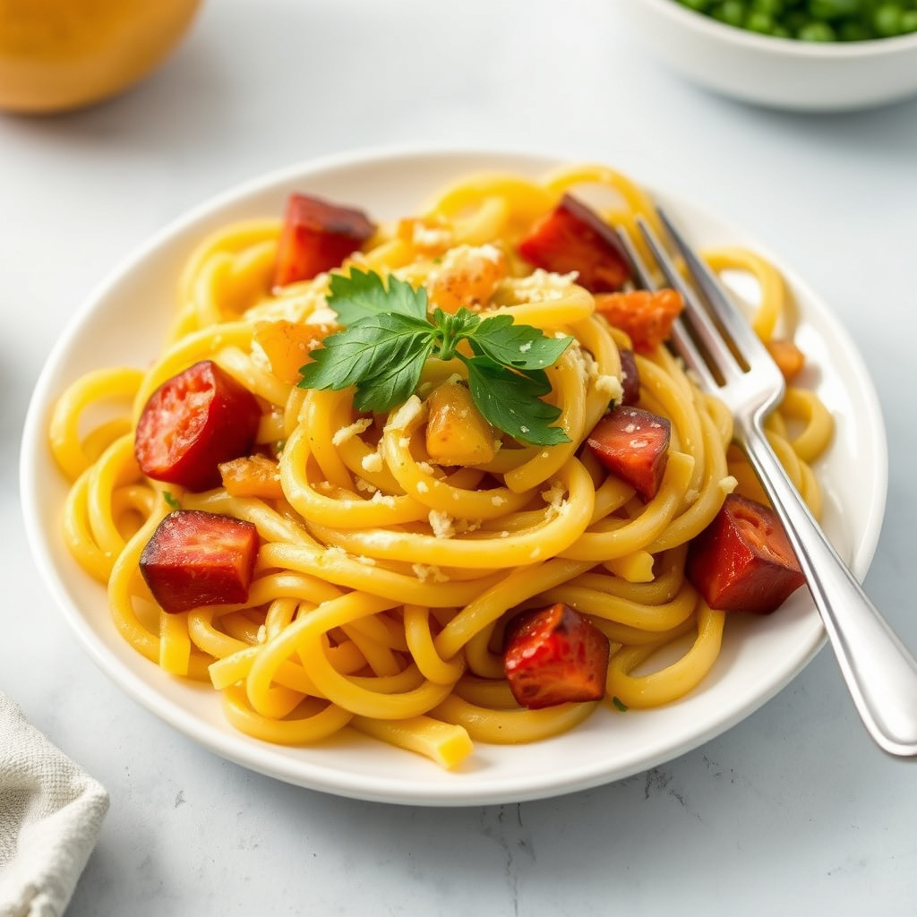 Chayote squash med pasta og hvitløk