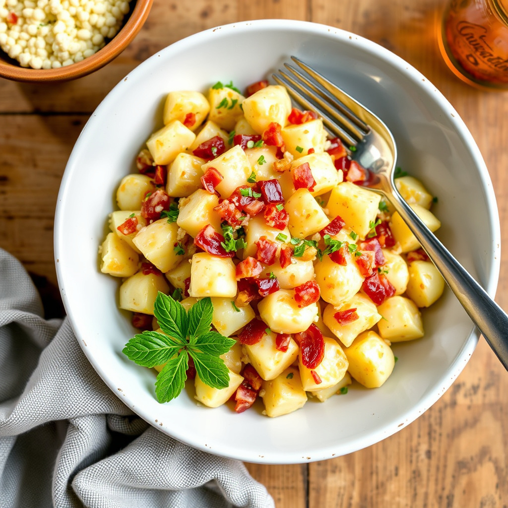 Cheddarsalat med bacon og poteter