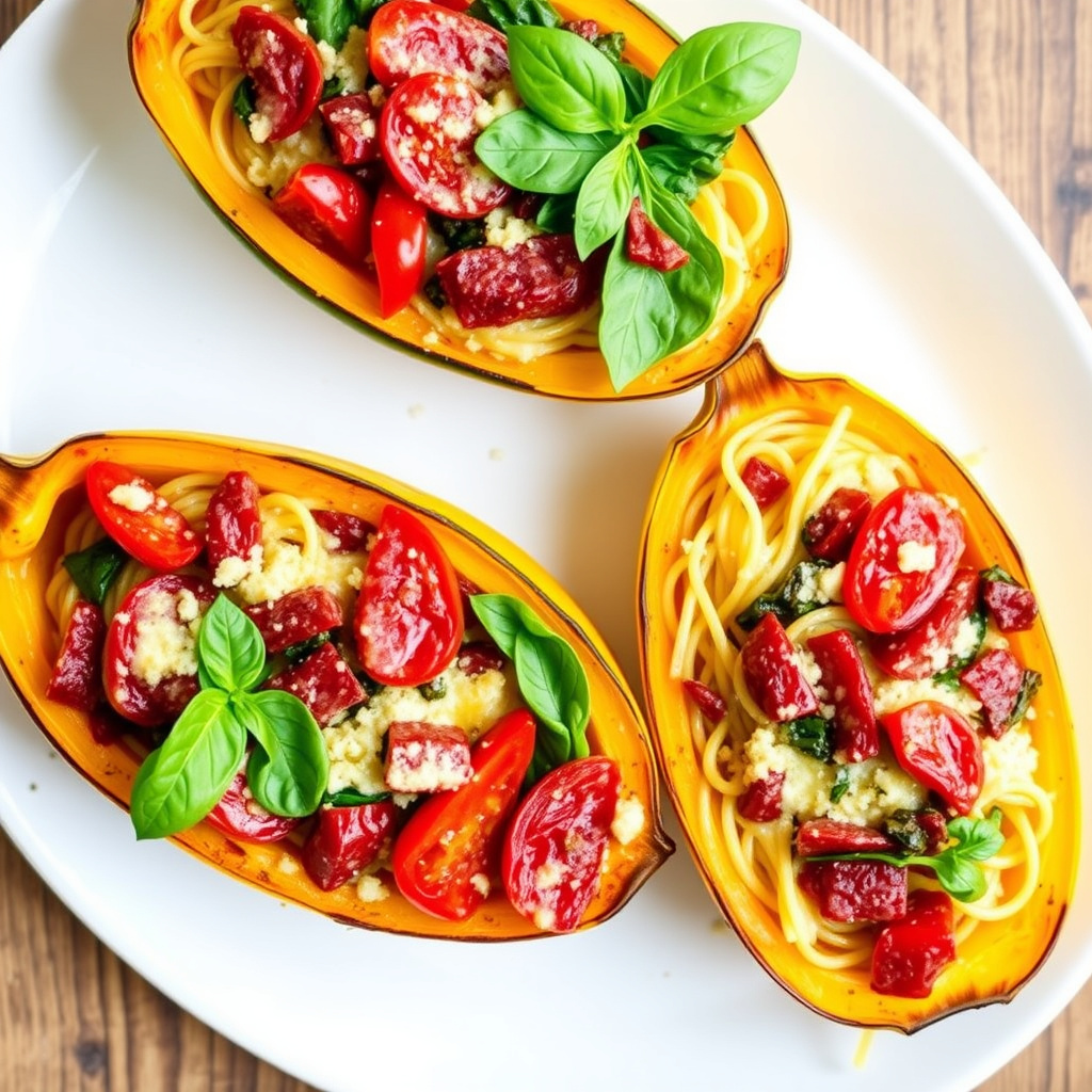 Bakte spaghetti squash-båter med salami og spinat