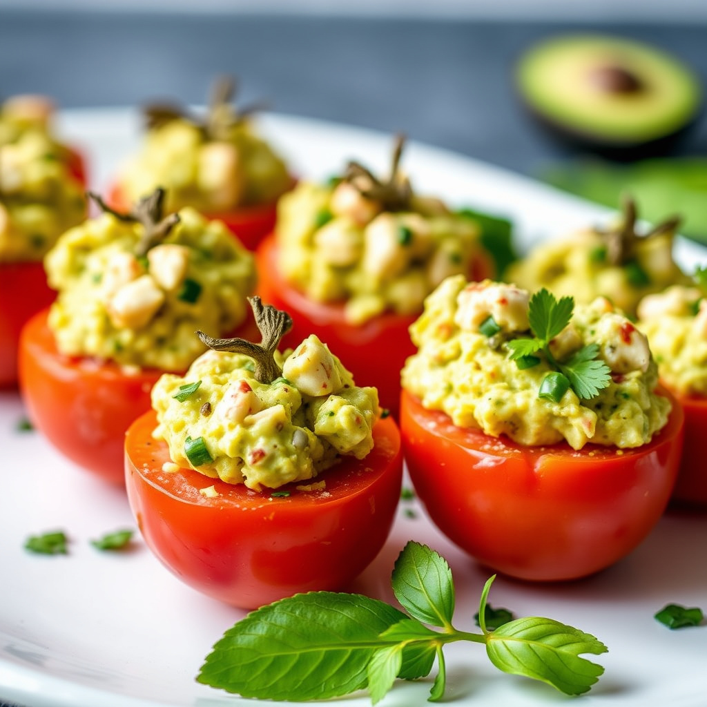 Cherrytomater fylt med krabbeguacamole