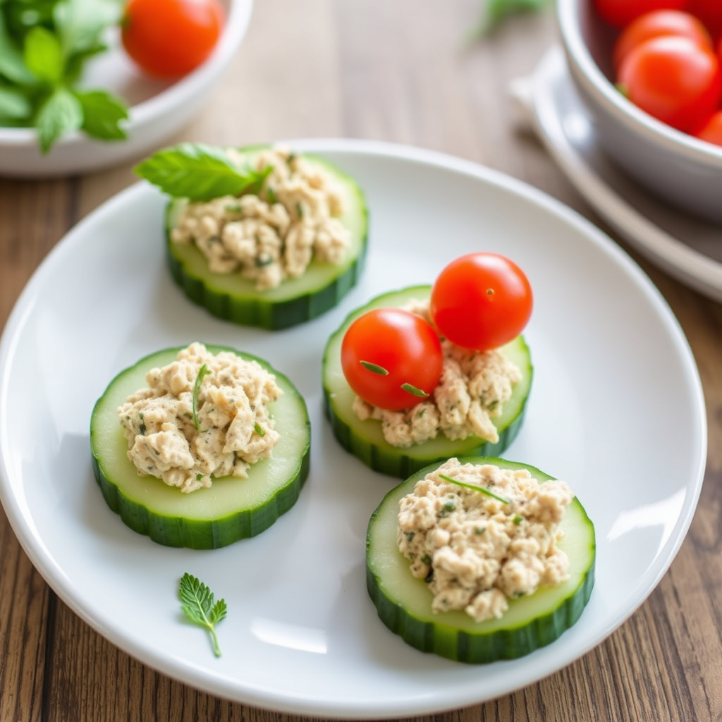 Cherrytomater og agurkskiver med urtetunfyll av tunfisk