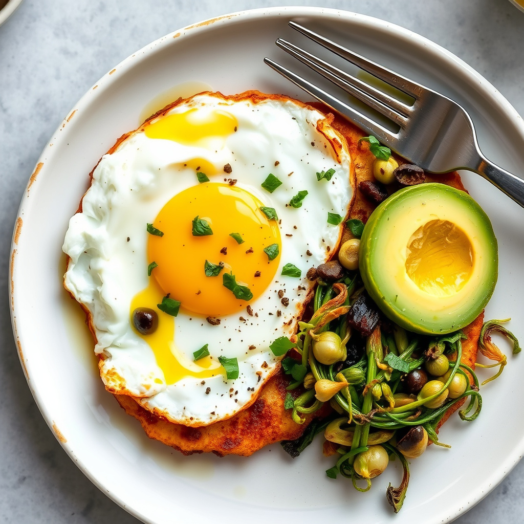 Chile- og olivenolje-ristet egg med avokado og spirer