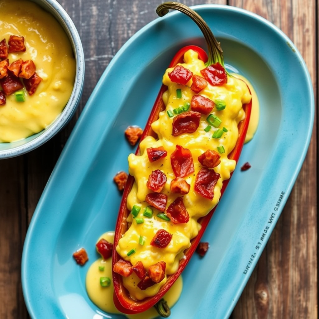 Chiles fylt med eggerøre og bacon, servert med Chihuahua-ostesaus