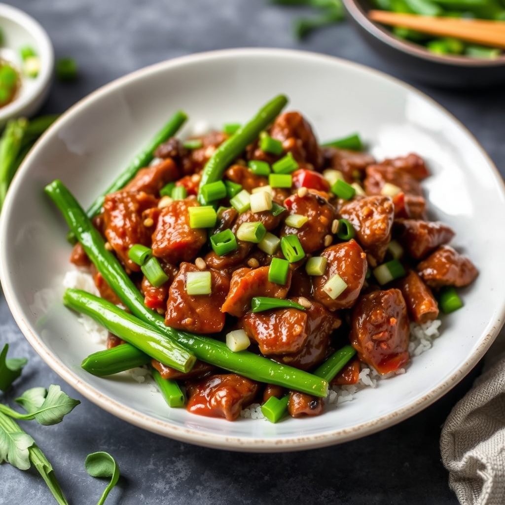 Chili biffwok med vårløk og sukkererter