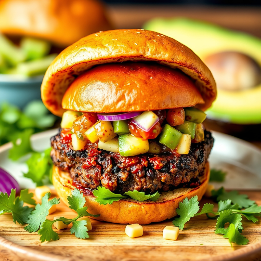 Chili- og buffalo-krydret burger med tomatillo-salsa og avokadorelish