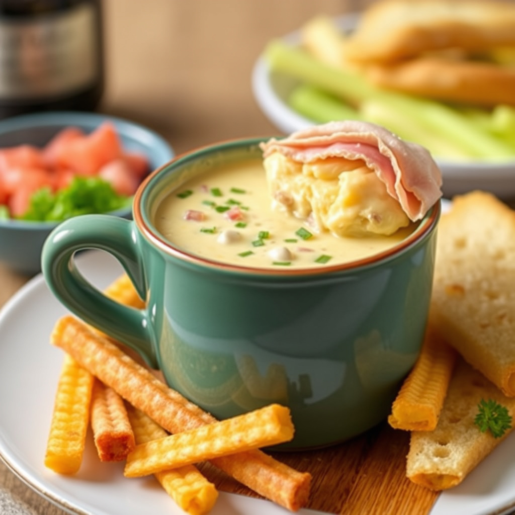 Clam Chowda-mugg med suppe, toppet med deviled ham og smeltet ost