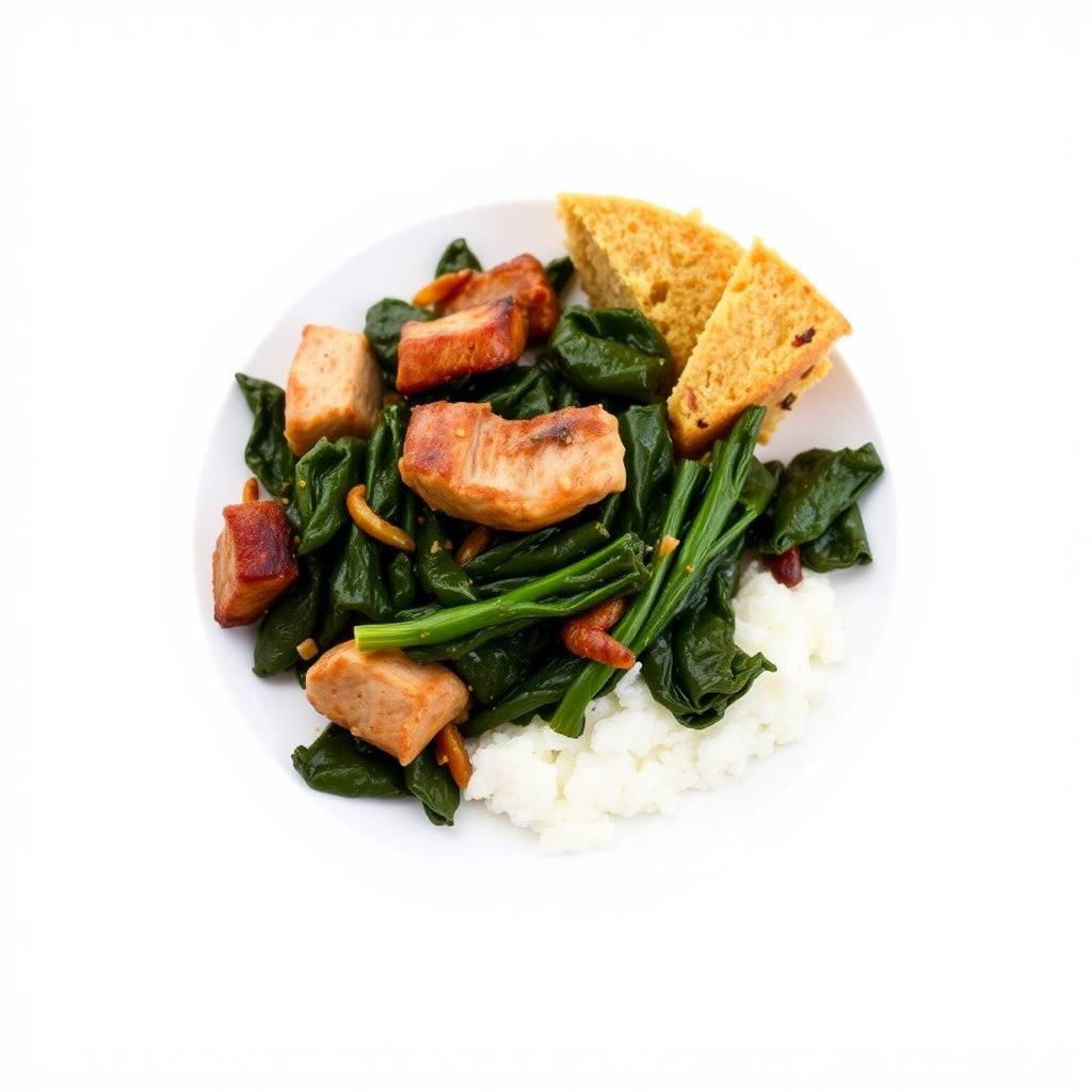 Collard greens med røkt kalkun og maisbrød