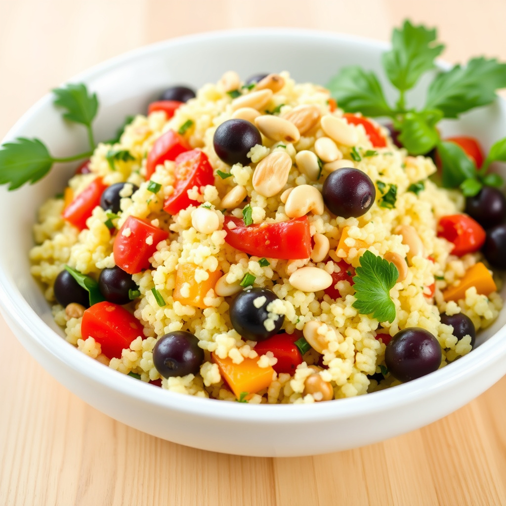 Couscous-salat med paprika, oliven og pinjekjerner