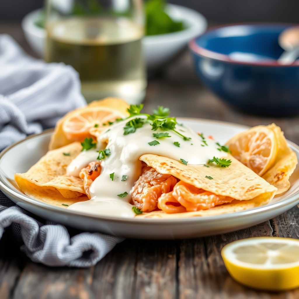 Crepes med laks og hvitvin