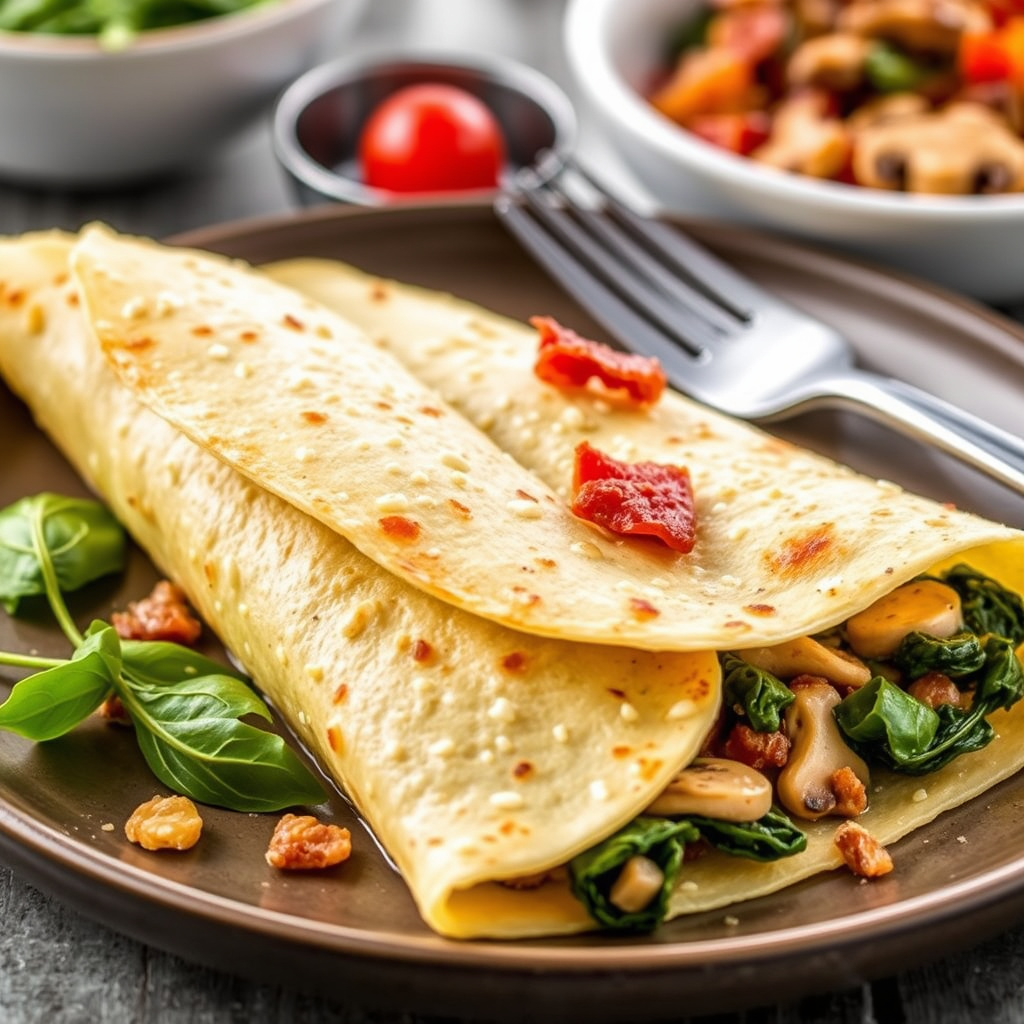 Crepes med spinat, bacon og soppfylling