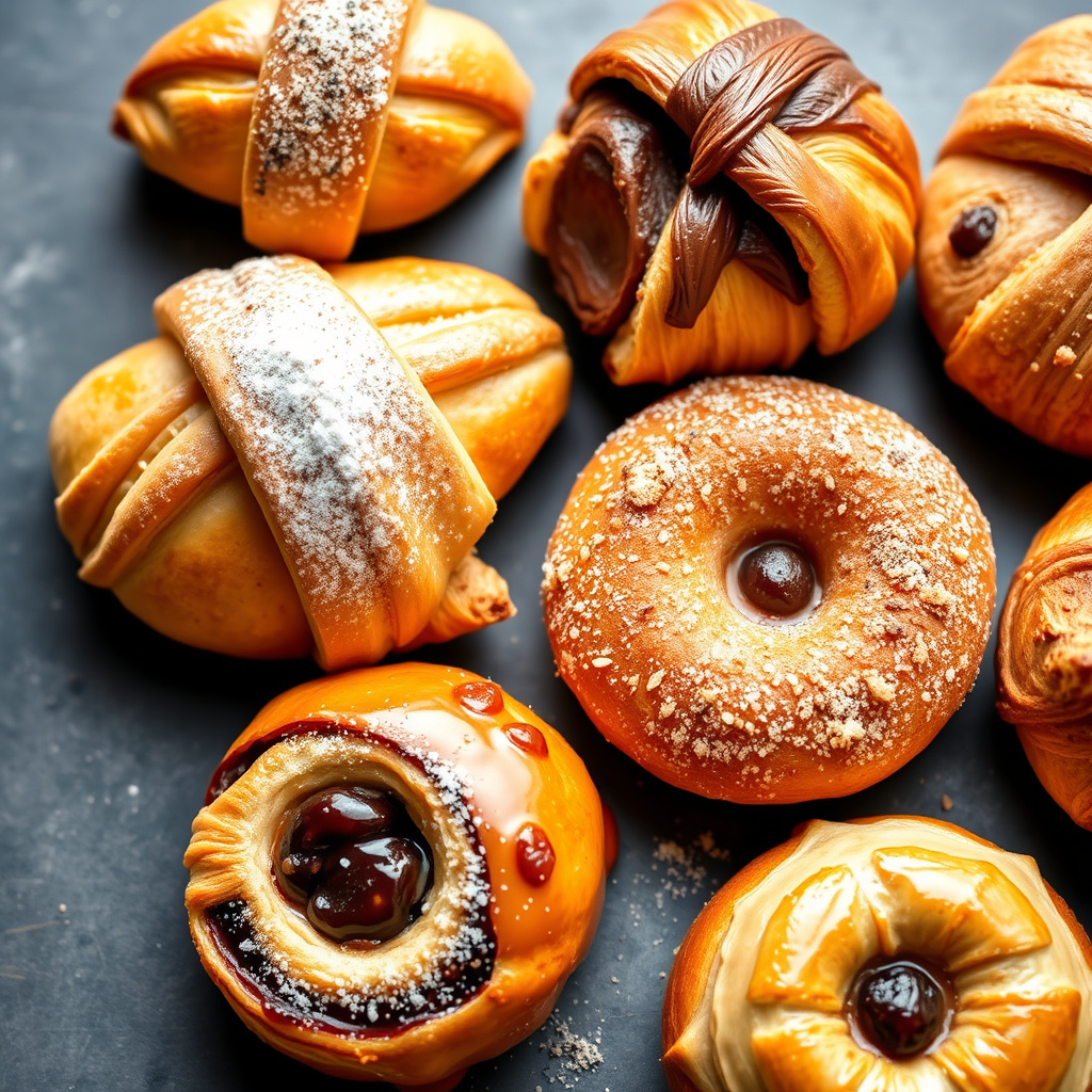Croissants, Pain au Chocolat, Pain Raisin og Wienerbrød