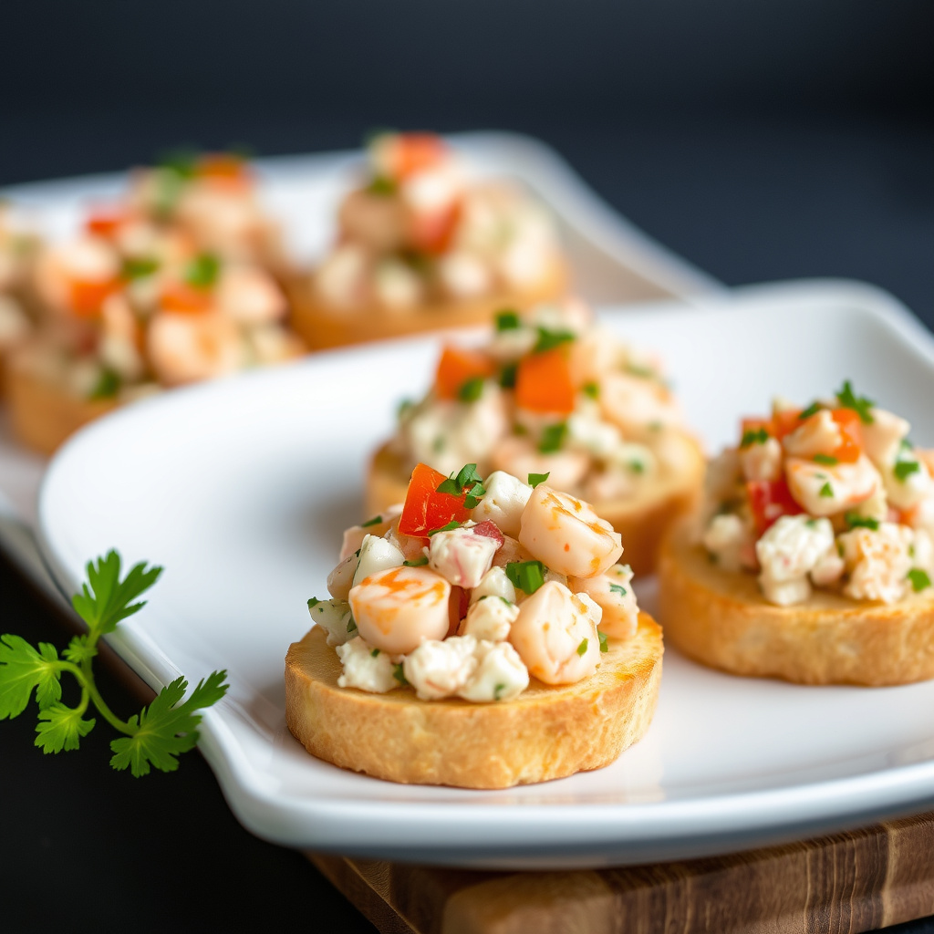 Crostini med krydret krabbesalat og reker