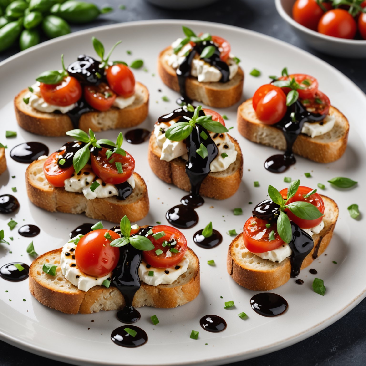 Crostini med mascarpone, grillede vårløk, tomat og balsamico-glaze