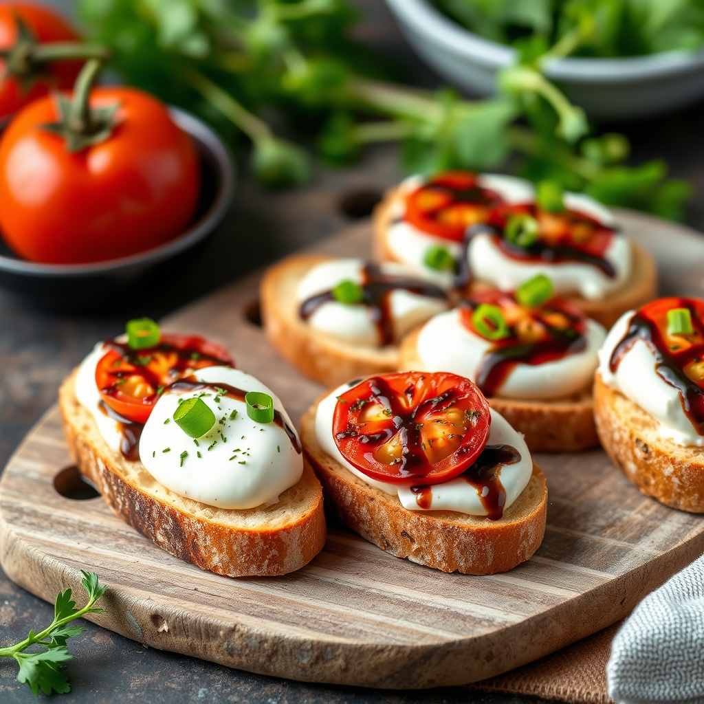 Crostini med mascarpone, grillede vårløk, tomat og balsamico-glaze