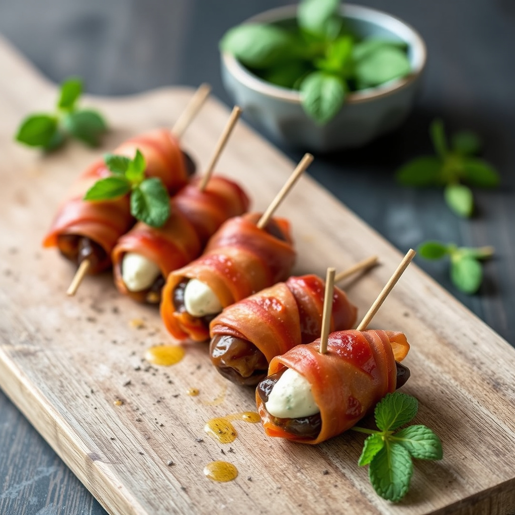 Dadler med Manchego og mynte, innpakket i pancetta