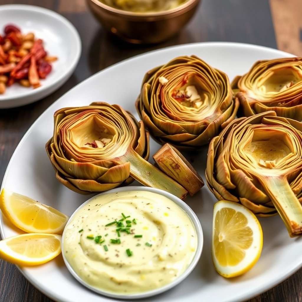 Dampede artisjokker med mandel- og safrondip